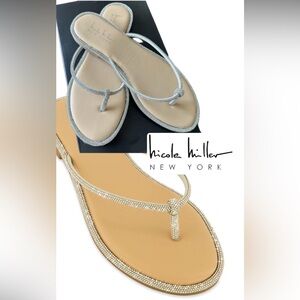 Nicole Miller Beige and Silver Rhinestone Thong Sandals